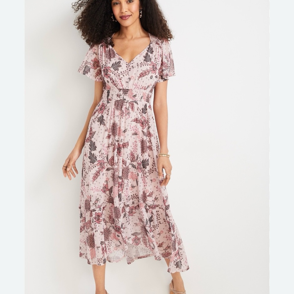 Maurices Pink Floral Tie Back Midi Dress Smocked Waist Hi Lo Hemline Size XXL